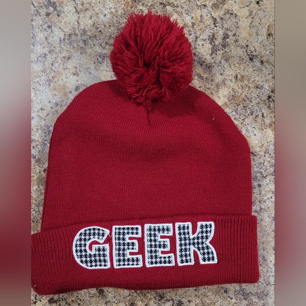 Red Beanie with Pom and 'GEEK' Text